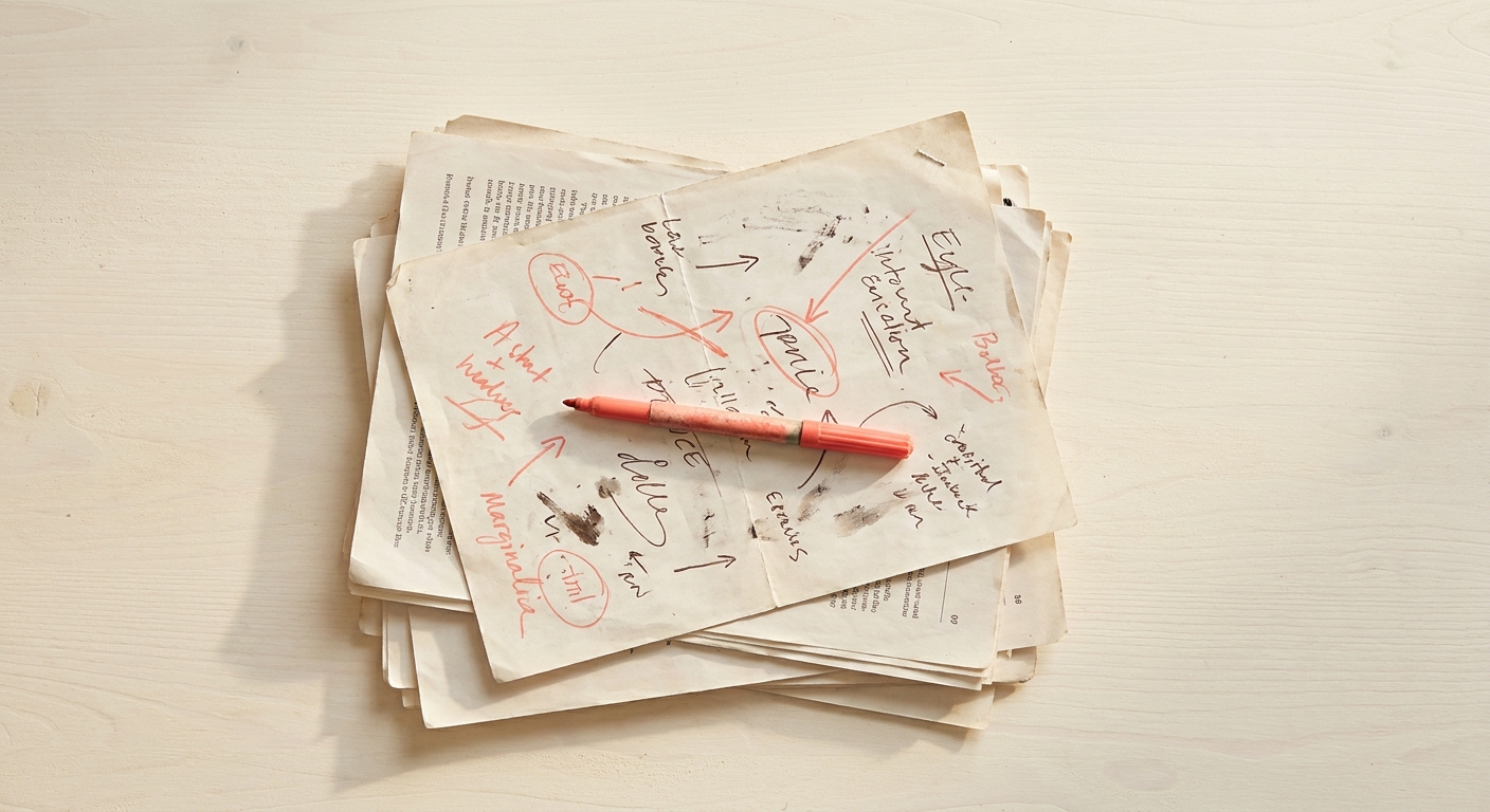 A stack of well-used interview-answer pages covered in handwritten coral and ink annotations