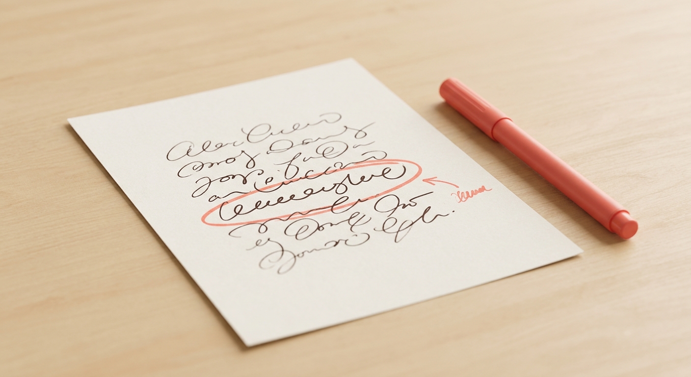 An interview answer on paper with a coral pen circling the weak line and a margin note
